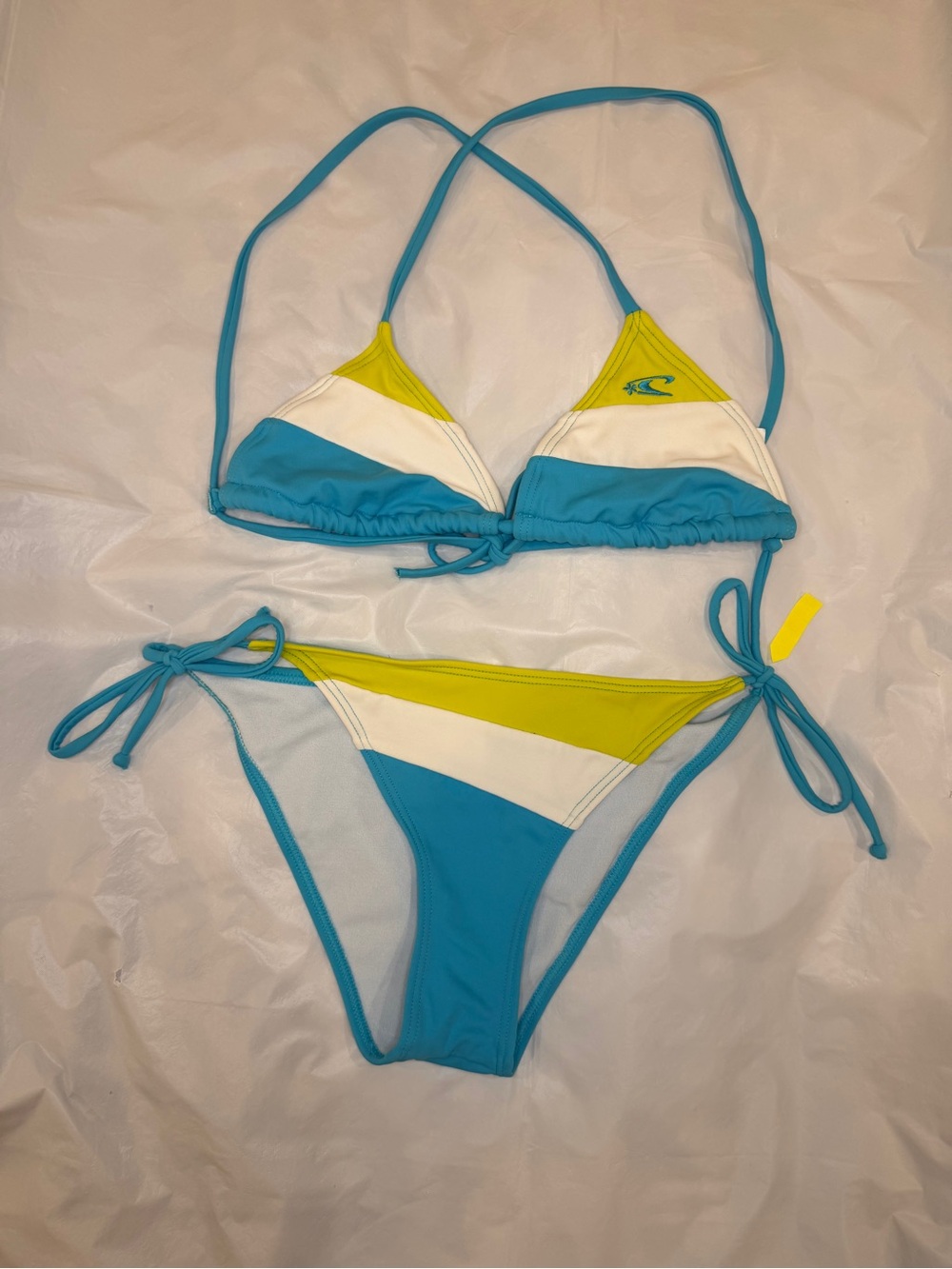 O'Neill Colorblock String Bikini Set Teal, White & Lime Green Triangle Sz S - Picture 6 of 6